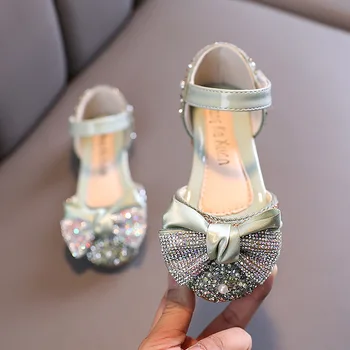 Новые сандалии для девочек Танцевальная обувь Горный хрусталь Хрусталь Обувь Бант Сандалии Свадебная вечеринка Детская принцесса Обувь E358