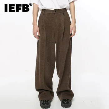IEFB Плиссированный мужской костюм Брюки Повседневные вельветовые однотонные мужские прямые широкие брюки Корейский стильный весенний новинка 2024 9C4181