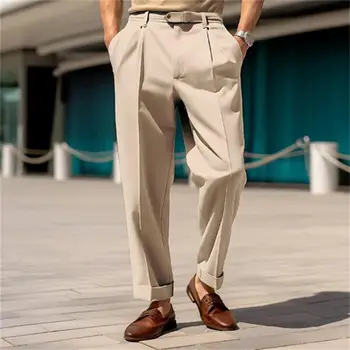 Мужские офисные брюки Стильный мужской костюм Брюки Удобная дышащая ткань со средней талией и широкими штанинами для формальной деловой офисной одежды 0