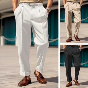 Мужские офисные брюки Стильный мужской костюм Брюки Удобная дышащая ткань со средней талией и широкими штанинами для формальной деловой офисной одежды 2