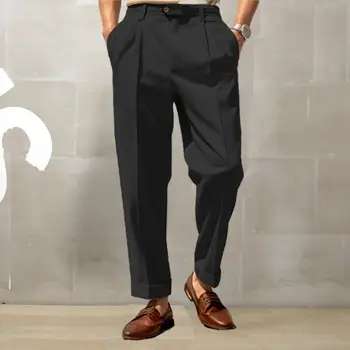 Мужские офисные брюки Стильный мужской костюм Брюки Удобная дышащая ткань со средней талией и широкими штанинами для формальной деловой офисной одежды 3