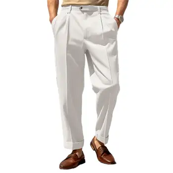Мужские офисные брюки Стильный мужской костюм Брюки Удобная дышащая ткань со средней талией и широкими штанинами для формальной деловой офисной одежды 4