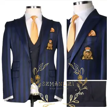 Темно-синие полосатые костюмы для мужчин Остроконечный лацкан Жених Свадьба Мужской блейзер Узкий костюм Homme 3 шт. Комплект (Пиджак + Жилет + Брюки)