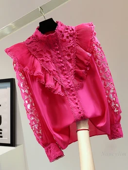 2024 Весна Корейский стиль Верхний воротник-стойка Однотонная вышитая полая кружевная рубашка с длинным рукавом Плиссированная блузка с оборками для женщин