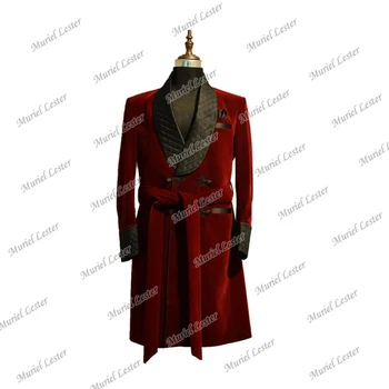 бордовый бархат формальные мужские пиджаки приталенный крой курительный блейзер черный платок лацкан верхняя одежда костюмы жених смокинг пальто на заказ