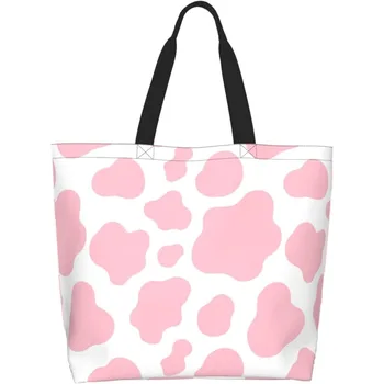  Розовая большая сумка с принтом из воловьей кожи для женщин Многоразовые сумки для продуктов Водонепроницаемая сумка для покупок с для путешествий Пляжный тренажерный зал