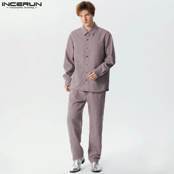 INCERUN 2023 Красивые, хорошо сидящие, новые мужские комплекты, рубашки с длинными рукавами, брюки, повседневная уличная одежда, двухцветные комплекты из двух частей с эффектом S-5XL