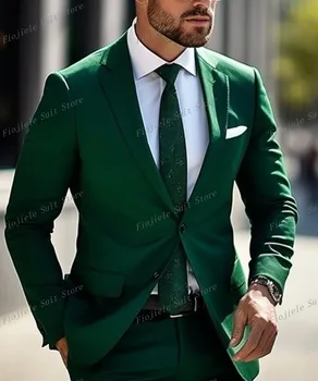 Мужчины Смокинги Деловой Костюм Зеленый Жених Жених Выпускной Свадебная Вечеринка Формальный комплект из 2 предметов Куртка и брюки