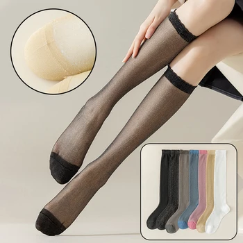 сексуальный черный белый грязный цвет длинные носки женские летние ультратонкие шелковые носки сплошной цвет JK носки выше колена бедра высокие носки