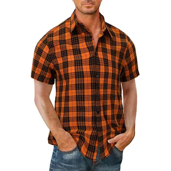 LUCLESAM Мужская рубашка в клетку с лацканами Однобортные рубашки с короткими рукавами 2023 Летняя повседневная гавайская рубашка мужская одежда 0