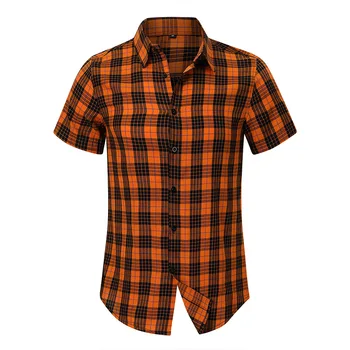 LUCLESAM Мужская рубашка в клетку с лацканами Однобортные рубашки с короткими рукавами 2023 Летняя повседневная гавайская рубашка мужская одежда 4