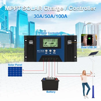 Солнечный контроллер заряда 12 В 24 В 100 А MPPT Автоматический контроллер солнечной панели Солнечный регулятор с ЖК-экраном, подходящий для небольшой солнечной системы 3