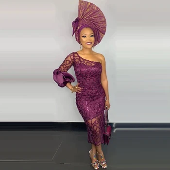 Новая коллекция Aso Ebi Выпускные платья для вечеринок Фиолетовый на одно плечо с длинным рукавом и чаем Африканские платья для гала-вечеринок