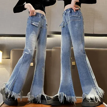 Одежда для девочек Мода Повседневные джинсовые брюки Весенняя уличная одежда Бахрома Дизайн Расклешенные брюки Эластичная талия Джинсы для подростков 4-14 лет