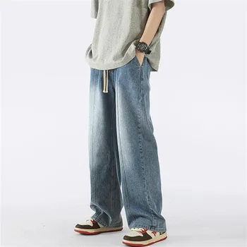 Джинсы Мужская одежда Y2K Однотонный эластичный пояс Кулиска Прямые штанины Стирка Свободные повседневные брюки A005