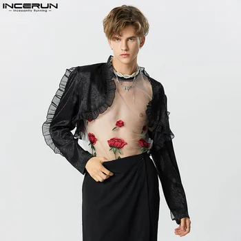  Вечеринка Клубная одежда Топы INCERUN Новый мужской прозрачный сетчатый пиджак с оборками Повседневный сексуальный костюм в стиле пэчворк S-5XL 2023