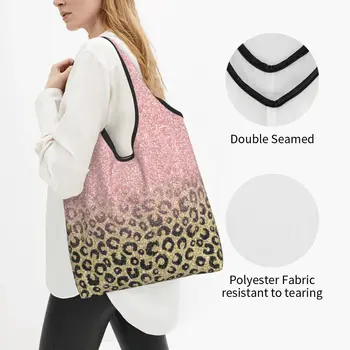 Розовое золото Блестящий Черный Леопард Сумки для покупок Многоразовые продуктовые эко-сумки Мешки для вторичной переработки большой емкости Моющаяся сумка 1