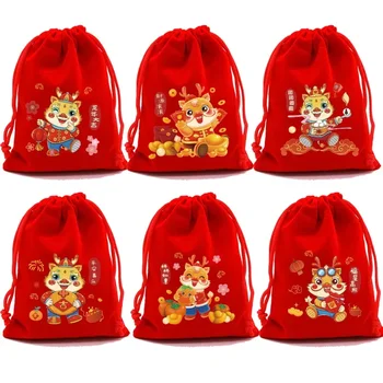 24 новый мультяшный дракон узор Fu мешок конфеты закуски изысканные подарки красный бархат сумка для хранения маленькая тканевая сумка