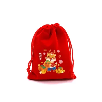 24 новый мультяшный дракон узор Fu мешок конфеты закуски изысканные подарки красный бархат сумка для хранения маленькая тканевая сумка 1