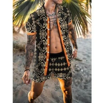 2023 новая гавайская пляжная рубашка с цветком, топ с коротким рукавом, мужская свободная повседневная модная рубашка для отпуска, шорты, комплект одежды из двух частей