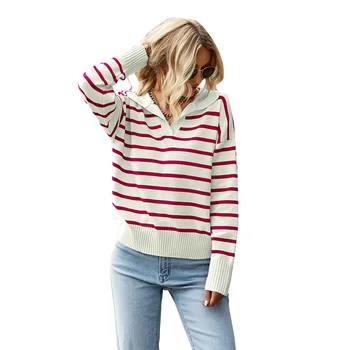 2023 Осенняя и зимняя мода Элегантные женские свитера с круглым вырезом и длинным рукавом Повседневные свободные полоски Пуловерные топы 5