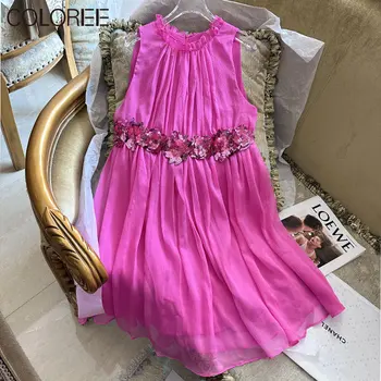 Роскошное летнее платье с вышивкой пайетками для женщин 2023 Элегантные оборки без рукавов Мини-шифоновое платье Розовый Vestido Feminino