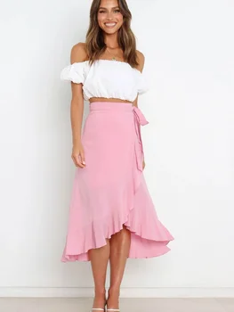 Летняя длинная юбка Женская мода на шнуровке Нерегулярный однотонный Высокий цвет Узкая черная короткая юбка Женская розовая шифоновая юбка