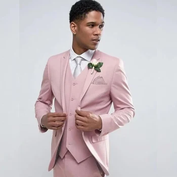 Свадебный розовый полный комплект плоский на заказ однобортный остроконечный лацкан из 3 предметов пиджак брюки жилет элегантный комплект приталенный крой Ropa Hombre