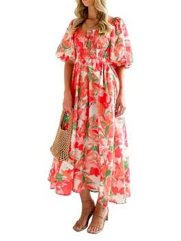Летние длинные платья с квадратным вырезом и пышными рукавами с принтом для женщин Цветочный бюст со сборками Платье А-силуэта с карманами
