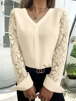 ZANZEA 2024 Кружевная строчка Блузка с длинным рукавом Женщины с V-образным вырезом Мода Однотонная рубашка Весенние топы Повседневные свободные офисные женские туники