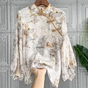 2022 Новый ретро принт Имитация шелка с воротником на пуговицах Блузка с пузырчатым рукавом Женские рубашки Топы Camisas De Mujer