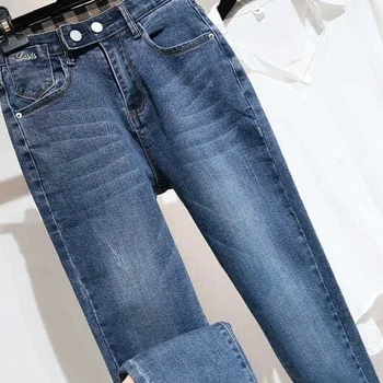 Теплые джинсы с высокой талией для женщин Do Old Female Winter Denim Button Fly Pants Full Length T70