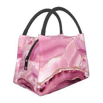  Розовый и золотой мрамор Пейзажи Изолированная сумка для обеда для женщин Элегантный термальный охладитель Еда Ланч Бокс Больница Офис