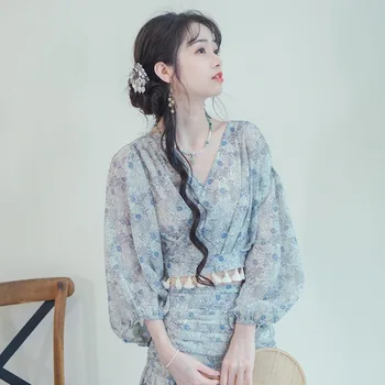 2023 Фрагментированный комплект юбки с цветком Ежедневный элегантный набор с перекрестным воротником Hanfu в стиле ретро Элегантная и милая женская одежда