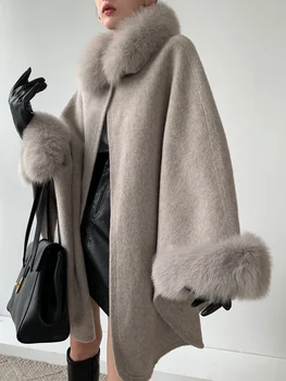 Известный дизайн Британский 2023 настоящий кашемир шерстяное пальто с запахом пушистый воротник из меха настоящей лисы Женские пончо Шубы