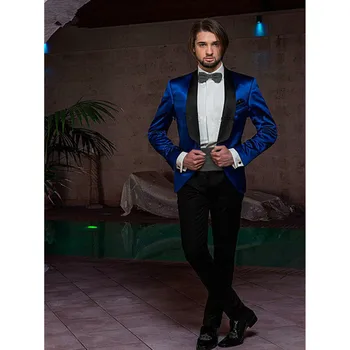 синий атлас 2022 новый мужской костюм пиджак брюки на заказ шаль с лацканом свадебный выпускной мужской костюм мода жених смокинги (блейзер + брюки)Набор