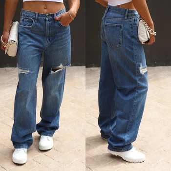 2023 Свободные рваные женские джинсы Стиранные широкие прямые брюки Темно-синие брюки для швабры