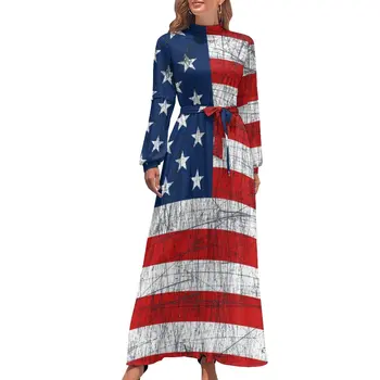 Американский флаг 4 июля Платье Винтажные флаги Принт Элегантное макси-платье Высокая талия Длинные рукава Мода Бохо Пляж Длинные платья