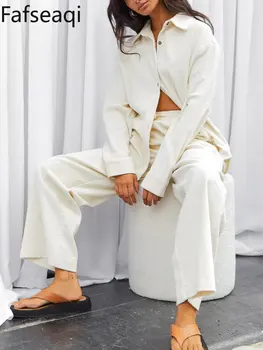 Осень-зима Белый вельветовый костюм для женщин Наряды из двух частей Элегантная женская рубашка и брюки Набор 2023 Новые классические широкие брюки