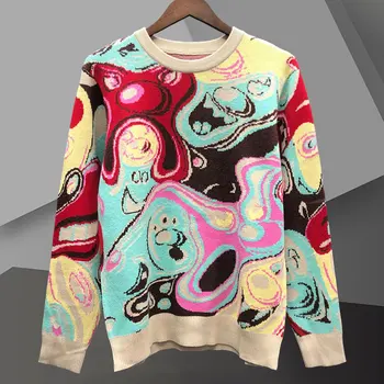 2023 Весенний красочный этнический свитер в стиле ретро для мужчин Вязаный свитер с круглым вырезом Модный цветной свитер Мужской свитер-пуловер