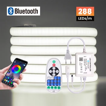 Bluetooth COB Светодиодная неоновая лента 220 В EU Plug Гибкая лента Веревочный светильник 288 светодиодов / м RA90 Водонепроницаемое линейное освещение высокой плотности