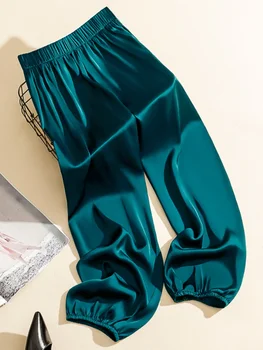 Брюки Женские атласные шелковые леггинсы с высокой талией и широкими штанинами с удобным однотонным цветом для застежки на штанине Non Strech спортивные штаны