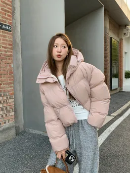 корейский стиль Женская хлопковая пуховая розовая куртка Капюшон Осень Зима Теплая OverSize Повседневная короткая толстая верхняя одежда Новая куртка