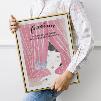 французский журнал Femina Обложка плаката, искусительница художественные принты декор, женщина с бабочкой винтажная мода декоративная живопись