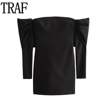 TRAF Черные платья с открытыми плечами Женские облегающие короткие платья с открытой спиной для женщин Плиссированные платья с длинным рукавом для вечеринок Сексуальное мини-платье