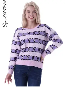 Модные трикотажные пуловеры с о-образным вырезом с принтом Женские топы с длинными рукавами Сращенный тонкий свитер с рюшами 2023 Осень Леди Повседневная уличная одежда