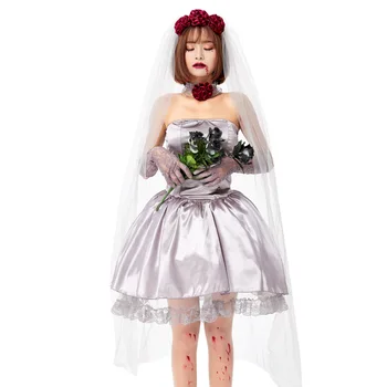 Женщины Хэллоуин Взрослый Вампир Цветок Свадьба Призрак Невеста Косплей Костюм Дамы Кроссдрессинг Белый Элегантный Вечеринка Бальное Платье