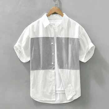 2023 Мужская рубашка с короткими рукавами, подходящая по цвету, полосатая строчка, свежая повседневная, свободная и красивая рубашка с короткими рукавами