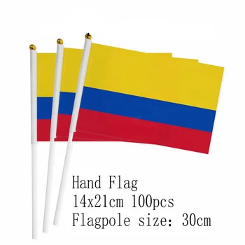 zwjflagshow Колумбия Ручной флаг 14 * 21 см 100 шт. полиэстер Колумбия Маленькая рука машет флагом с пластиковым флагштоком для украшения