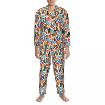 Пижама мужская яркая комната с перьями ночное белье красочный принт 2 шт. Эстетический пижамный комплект с длинным рукавом Kawaii Oversize Home Suit